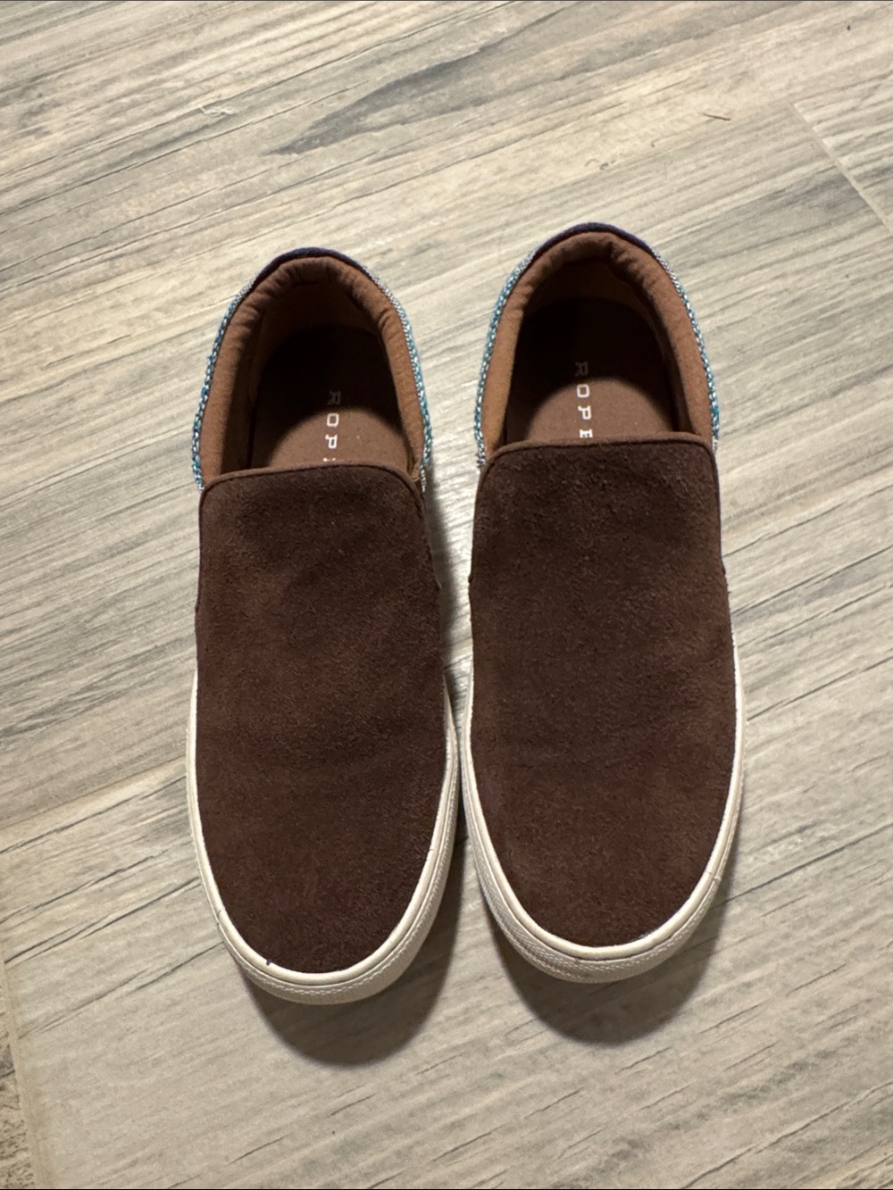 Roper Brown Slip-On Suede Sneakers with Blue and Red Stripe Heel - Picture 4 of 7